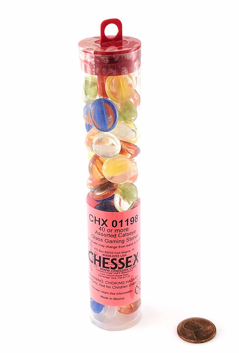 Tube of 40 Glass Gaming Stones (12-15mm), Assorted Colors - Catseye