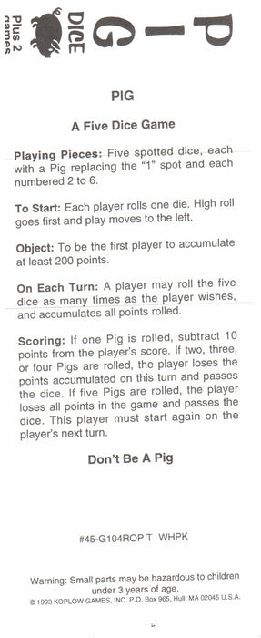Pig Dice Game 5 Dice Set with Travel Tube and Instructions
