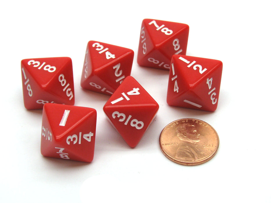 Pack of 6 Math Dice 8-Sided Fraction: 1/8 to 1 - Red with White