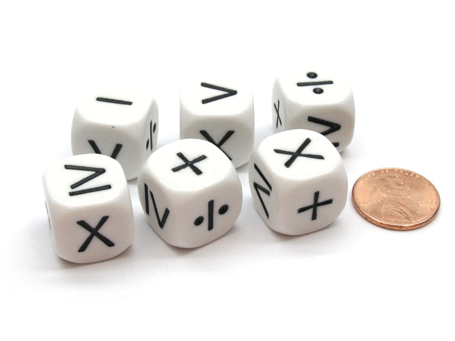Pack of 6 Math Operator 6 Function 16mm Dice - White with Black