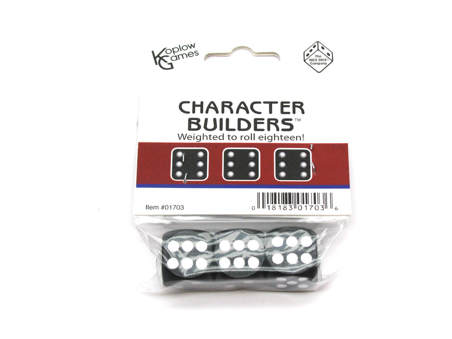 Pack of 3 18mm Wood Dice, Character Builder Loaded to Roll 6s- Black with Silver
