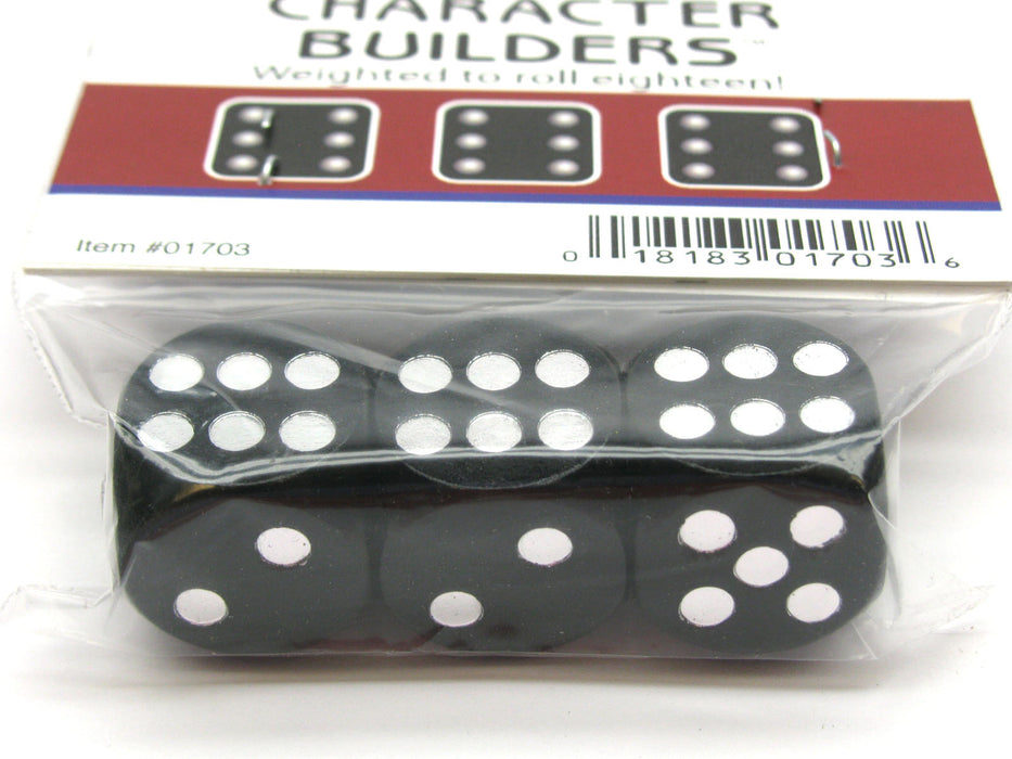 Pack of 3 18mm Wood Dice, Character Builder Loaded to Roll 6s- Black with Silver