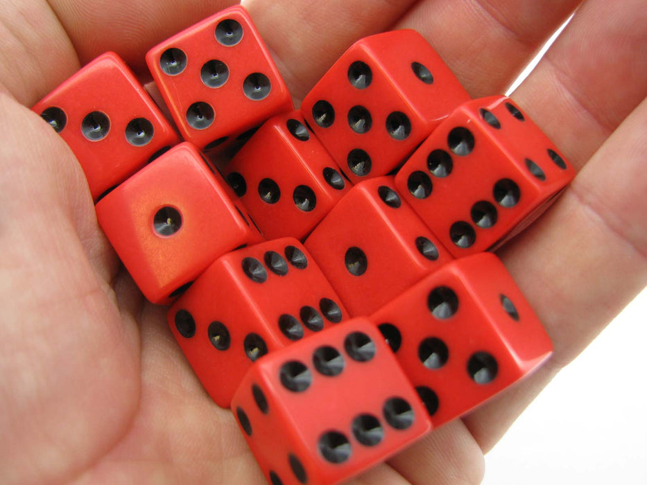 Set of 10 Six Sided Square Opaque 16mm D6 Dice - Red with Black Pip Die