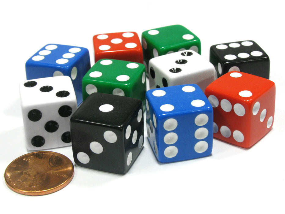 Set of 10 Six Sided Square 16mm D6 Dice - 2 Each of Red White Blue Green Black