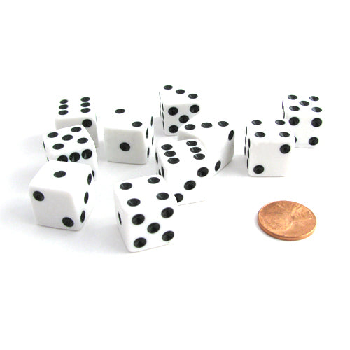 Set of 10 Six Sided Square Opaque 16mm D6 Dice - White with Black Pip Die