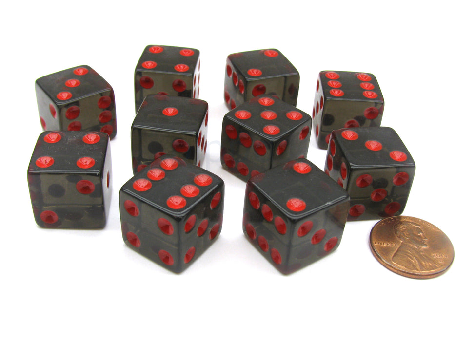 Pack of 10 16mm D6 Square Edge Transparent Dice - Black with Red Pips