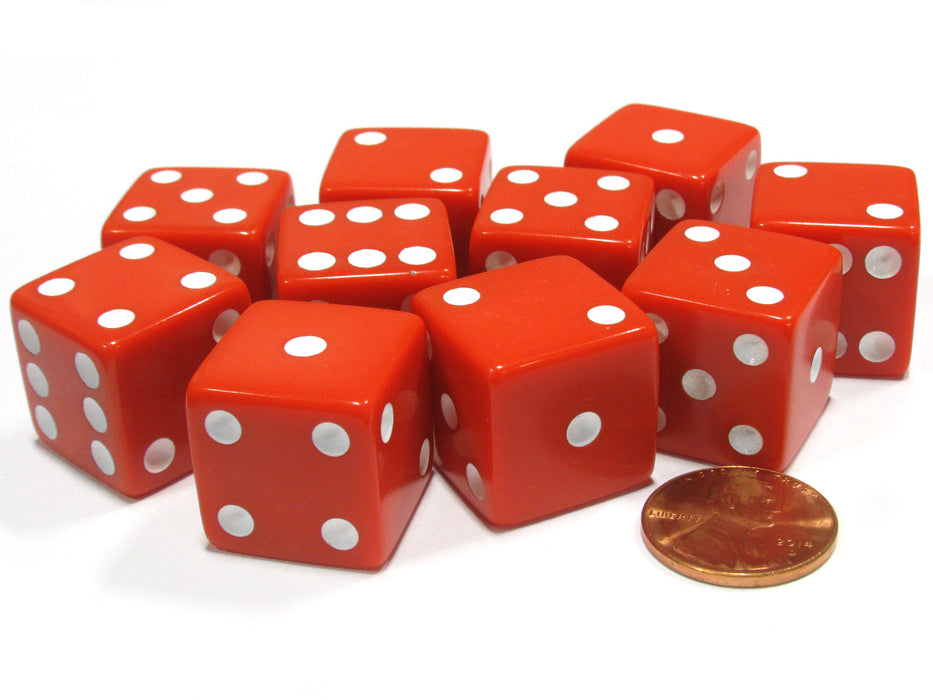 Set of 10 Large Six Sided Square Opaque 19mm D6 Dice - Red with White Pips