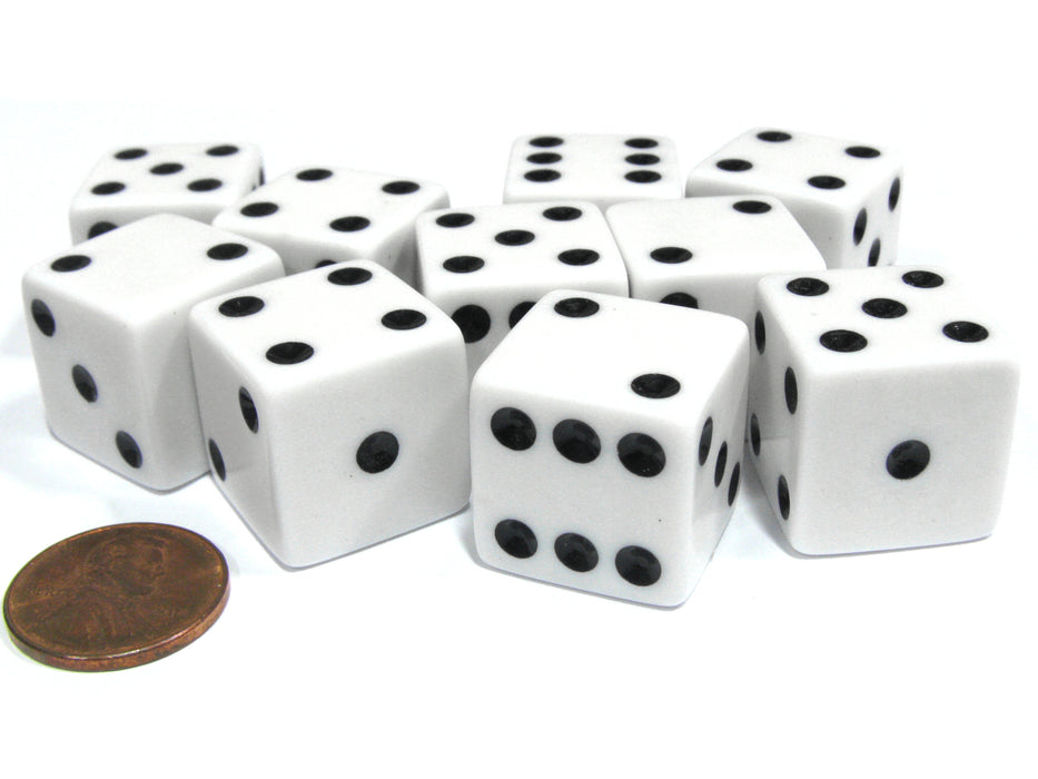 Set of 10 Large Six Sided Square Opaque 19mm D6 Dice - White with Black Pips