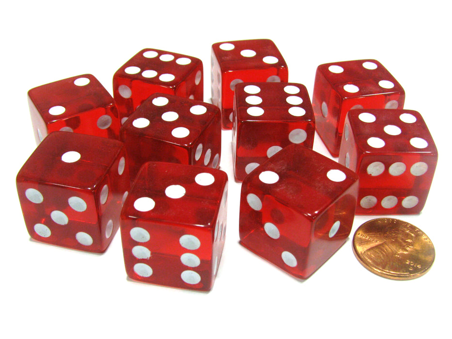 Set of 10 D6 Square Edged 19mm Dice - Transparent Red with White Pips