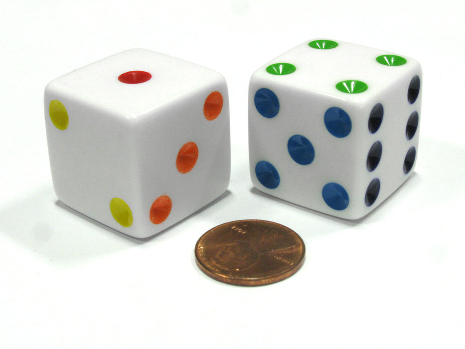 Set of 6 D6 25mm Large Opaque Jumbo Dice - White with Multicolor Pip