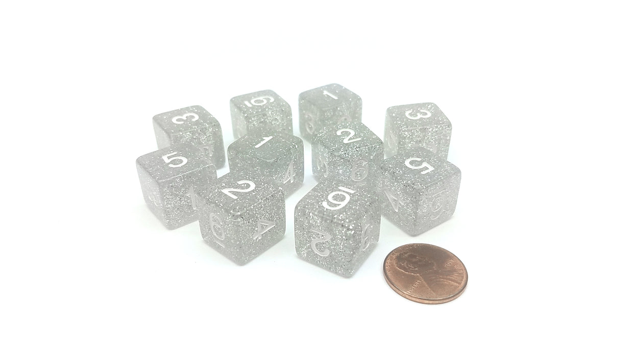 Pack of 10 D6 6 Sided 16mm Koplow Games Number Glitter Dice - Clear