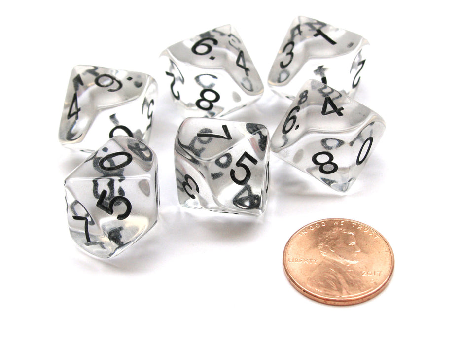 Pack of 6 D10 Transparent 10-Sided Dice - Clear with Black Numbers
