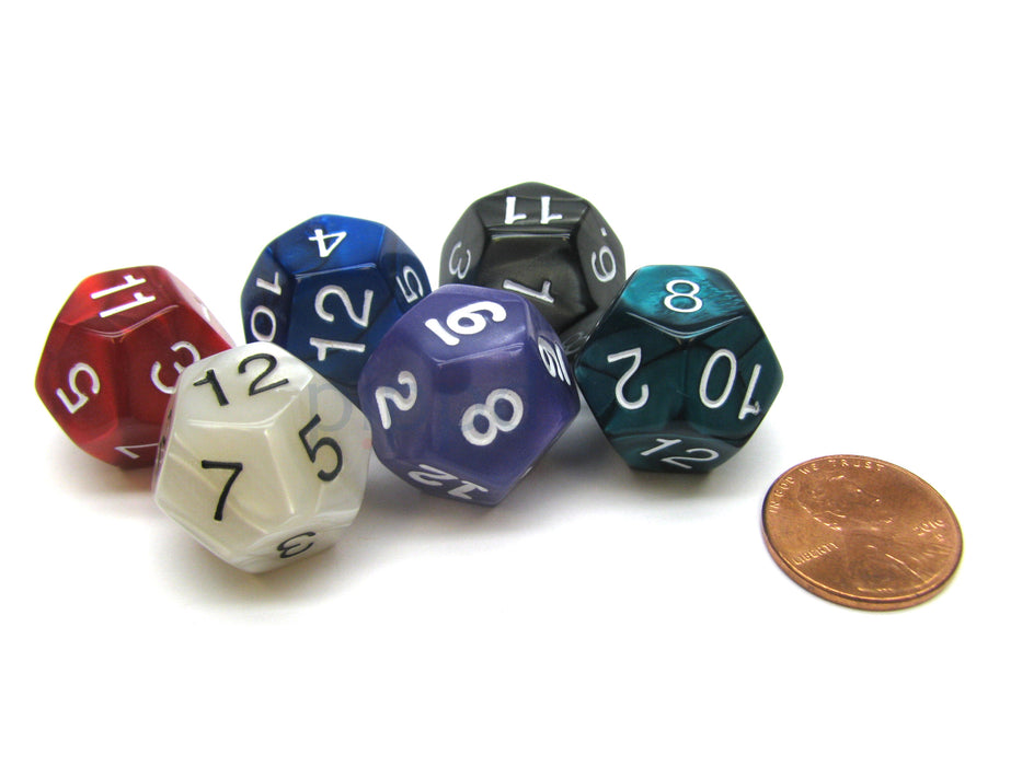 Pack of 6 D12 Pearl Dice - Charcoal, Emerald, Gray, Navy, Purple, Red