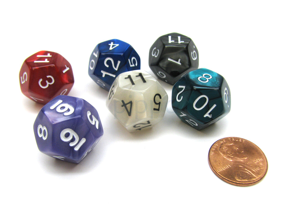 Pack of 6 D12 Pearl Dice - Charcoal, Emerald, Gray, Navy, Purple, Red