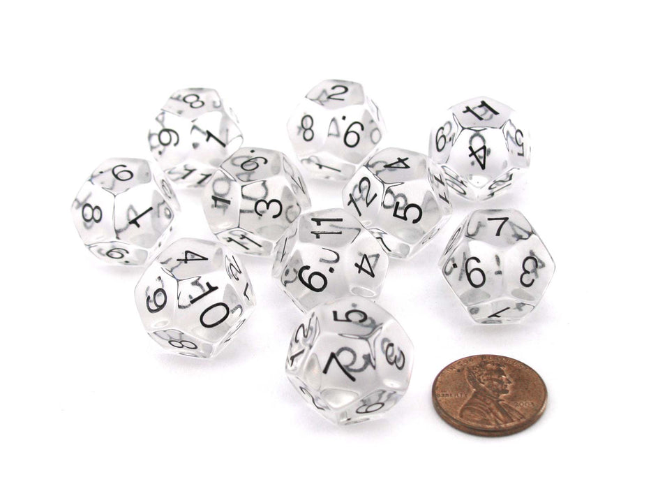 Pack of 10 Transparent 12 Sided D12 18mm Dice - Clear