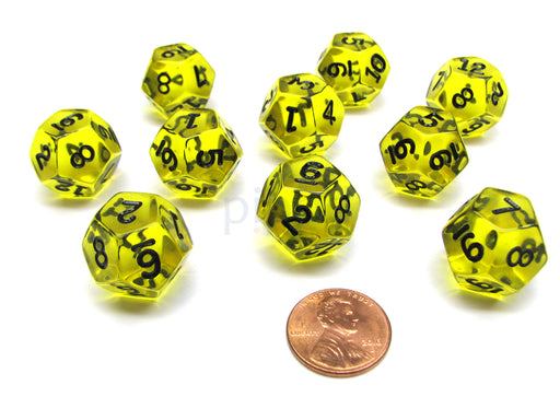 Pack of 10 Transparent 12 Sided D12 18mm Dice - Yellow