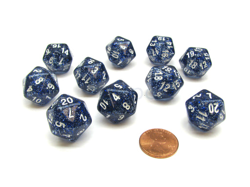 Pack of 10 D20 20mm Koplow Games Glitter Dice - Blue