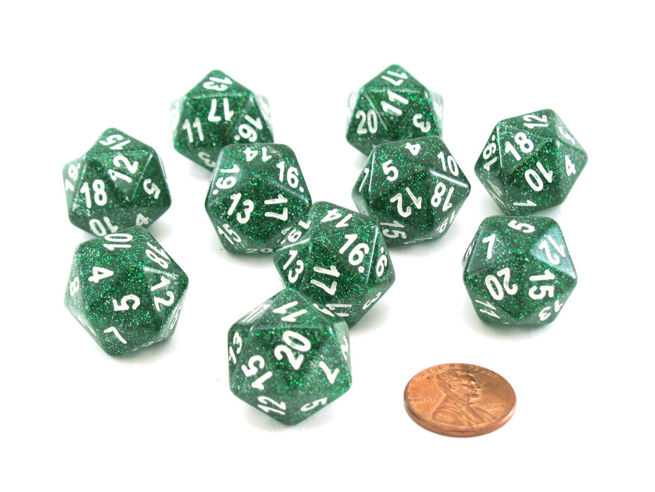 Pack of 10 D20 20mm Koplow Games Glitter Dice - Green