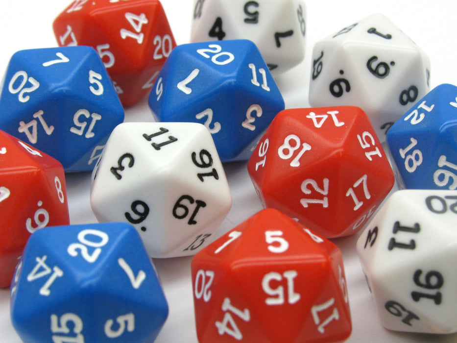 Set of 12 D20 19mm Patriotic Dice - 4 Each of Red White and Blue