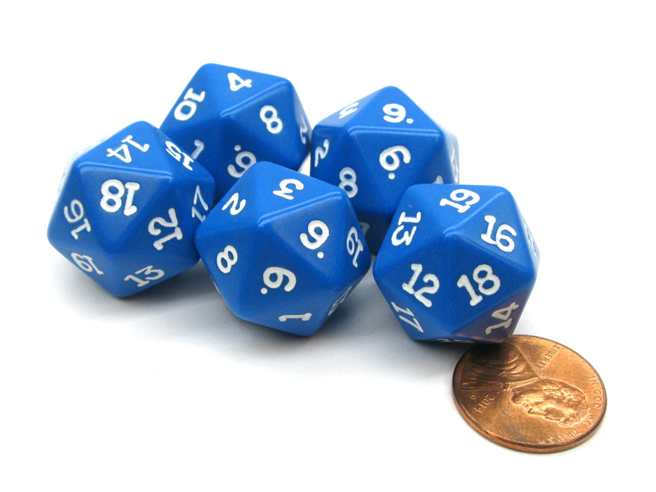 Set of 5 Twenty Sided 19mm D20 Opaque Dice RPG D&D Blue with White Numbers Die