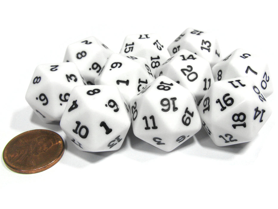 Set of 10 Twenty Sided 19mm D20 Opaque RPG Dice - White with Black Numbers Die
