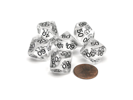 Pack of 6 Tens D10 10-Sided Transparent Dice - Clear with Black Numbers