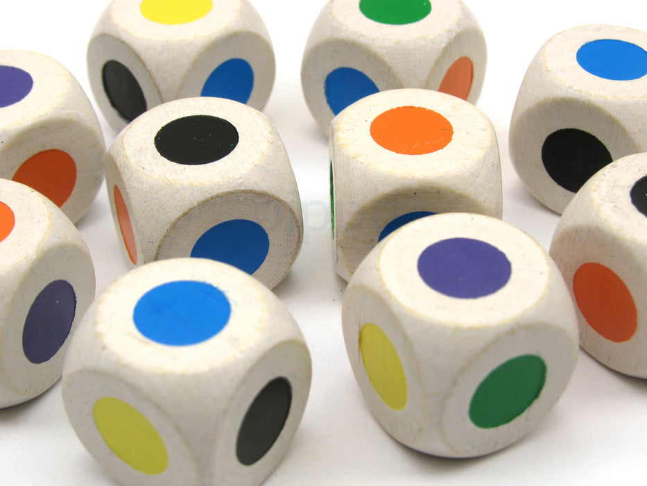 10 Pack Single Spot 16mm Wood Dice-Colors: Purple Blue Orange Green Yellow Black
