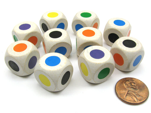 10 Pack Single Spot 16mm Wood Dice-Colors: Purple Blue Orange Green Yellow Black