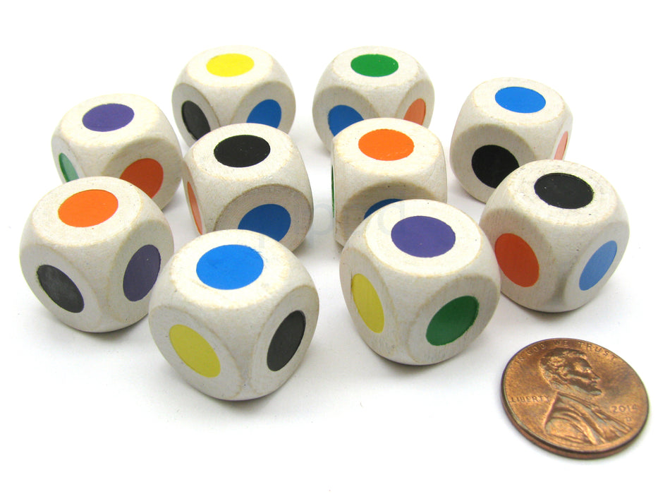 10 Pack Single Spot 16mm Wood Dice-Colors: Purple Blue Orange Green Yellow Black