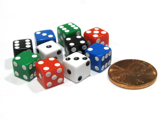 Pack of 10 8mm D6 Small Square-Edge Dice, 2 of Each: Red White Blue Green Black