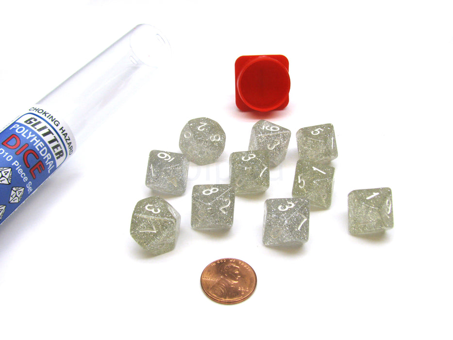 Pack of 10 D10 16mm Koplow Games Glitter Dice - Clear