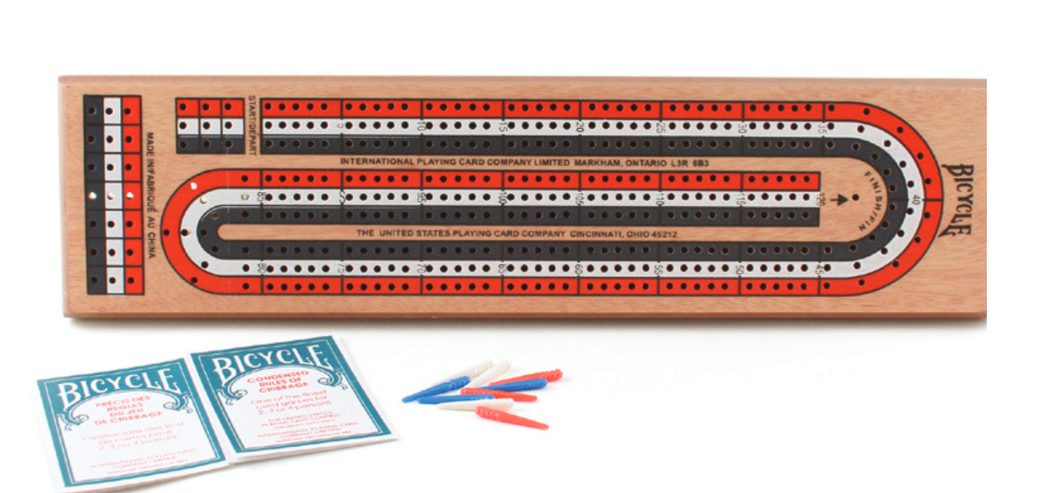 Bicycle 3 Track Wooden Cribbage Board with Pegs