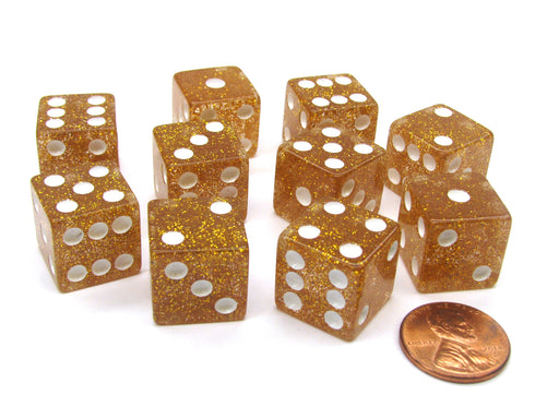 Set of 10 D6 16mm Glitter Dice - Yellow with White Pips