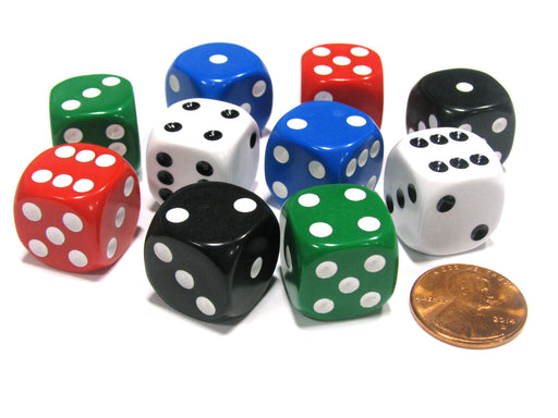 Set of 10 D6 Rounded Opaque 16mm D6 Dice - 2 Each of Red White Blue Green Black