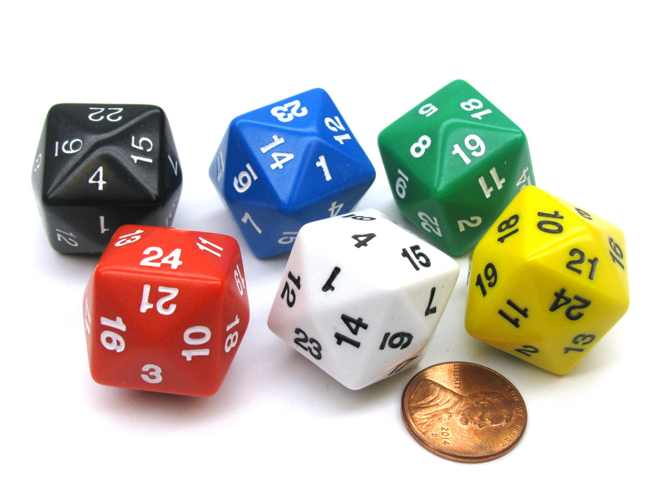 Set of 6 D24 24mm Dice-Assorted-1 Each of Red, White, Blue, Black, Green, Yellow