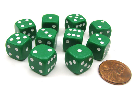 Pack of 10 12mm Round Edge Opaque Small Dice - Green with White Pips