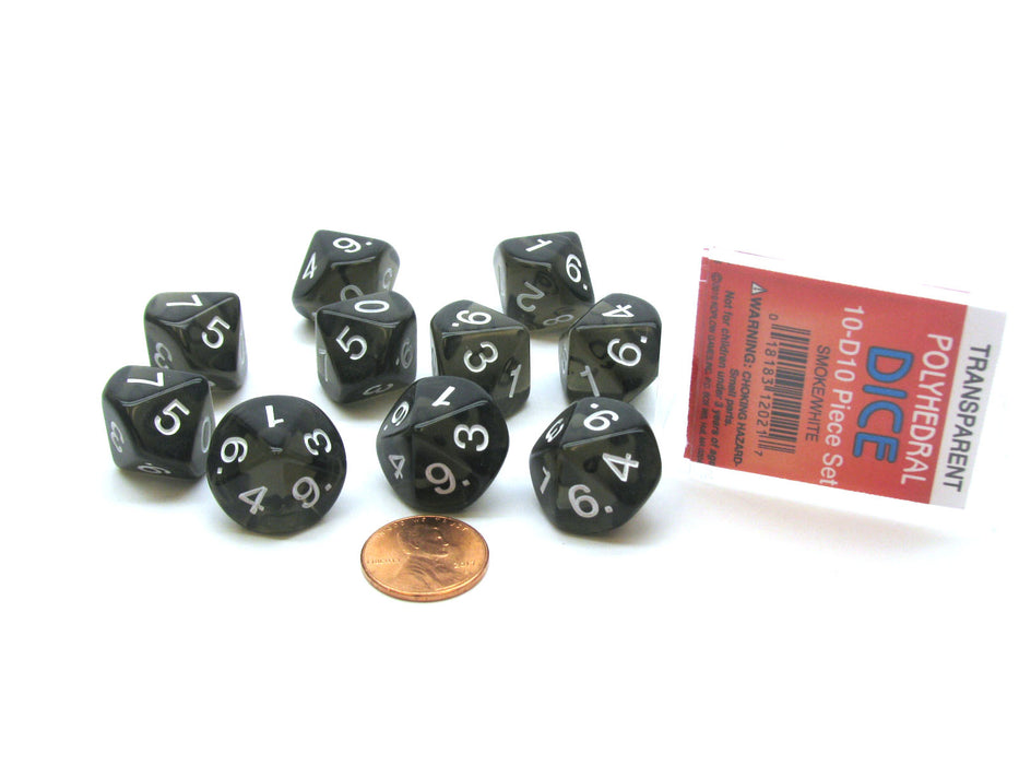 Pack of 10 D10 Transparent Dice in Case - Smoke (Black) with White Numbers