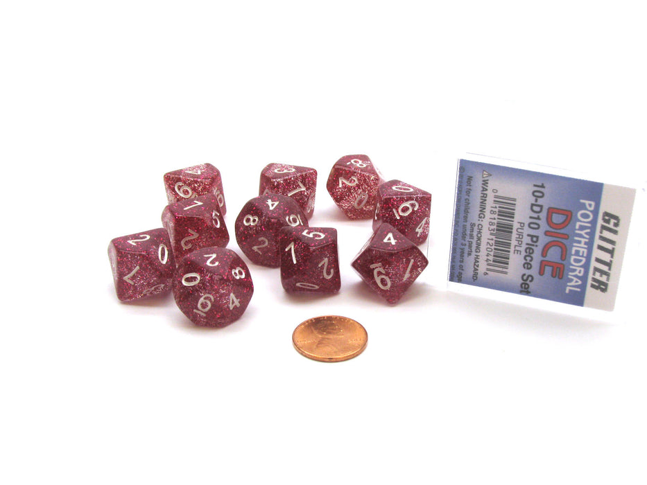 Pack of 10 D10 Glitter Dice in Display Case- Purple with White Numbers