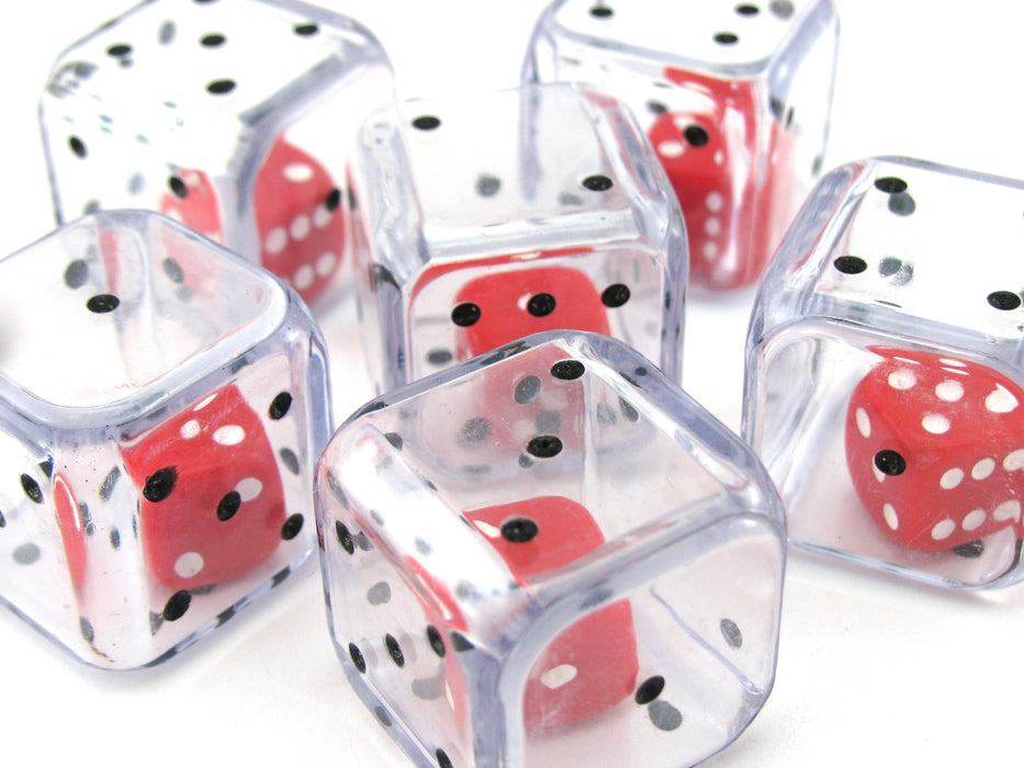 Set of 6 D6 25m Double Dice, 2-In-1 Dice - Red Inside Clear Die