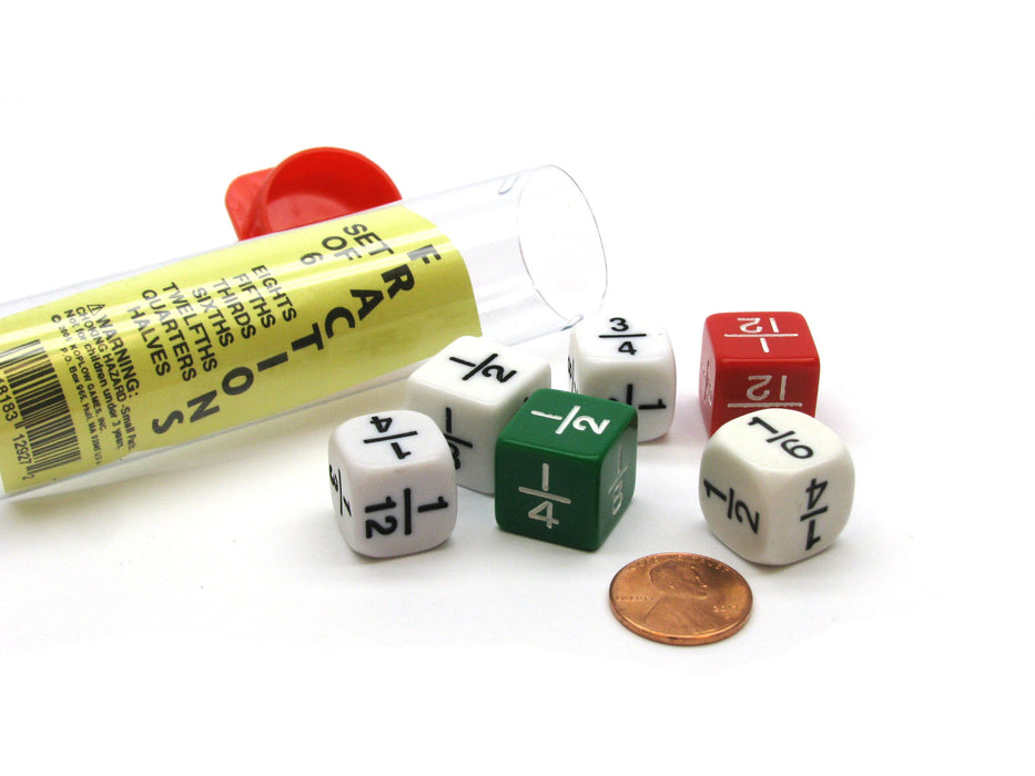 Set of 6 Math Dice: Eights, Fifths, Thirds, Sixths, Twelfths, Quarters, Halves