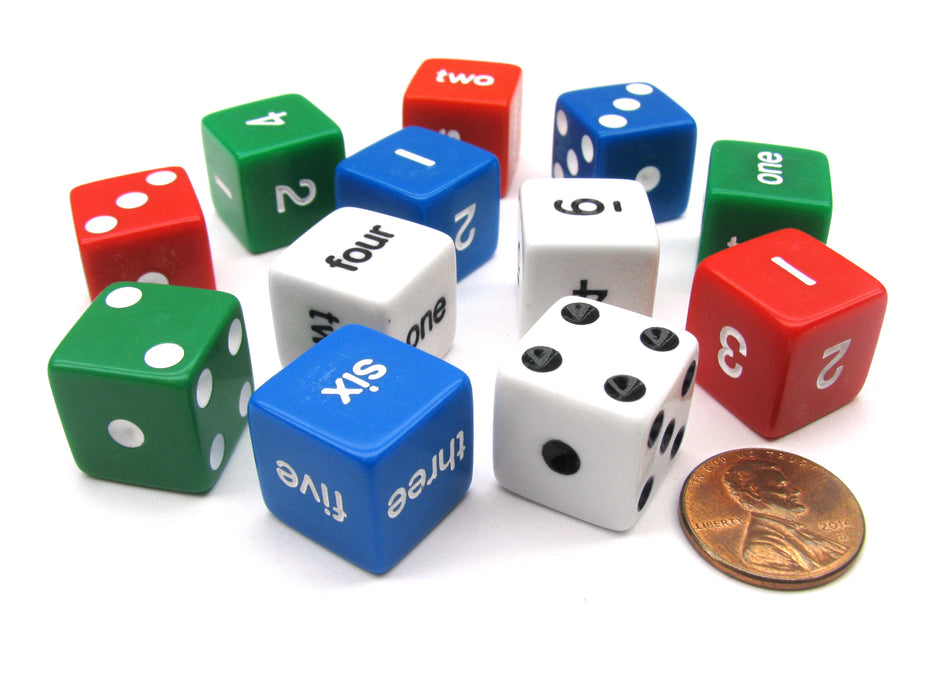 Pack of 12 16mm Educational Number Dice Set - Assorted Spots, Numbers & Words