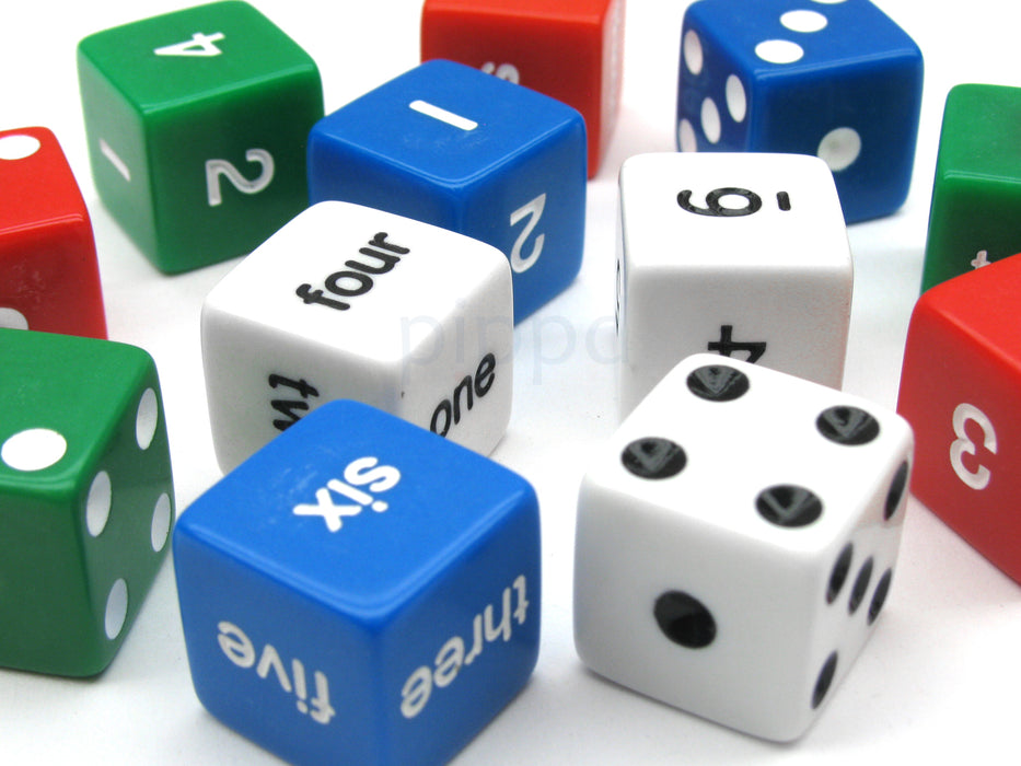 Pack of 12 16mm Educational Number Dice Set - Assorted Spots, Numbers & Words