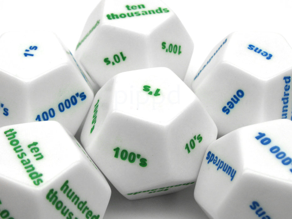 Pack of 6 D12 Large 28mm Place Value White Dice - 3 Green and 3 Blue Etches