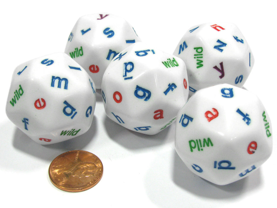 Set of 5 White Alphabet Lowercase Triantakohedron D30 30 Sided 30mm Jumbo Dice