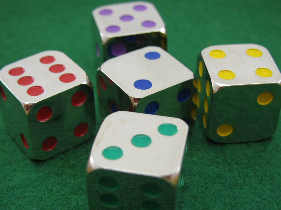 Pack of 5 D6 15mm Metal Dice - Silver with Blue, Green, Purple, Red, and Yellow