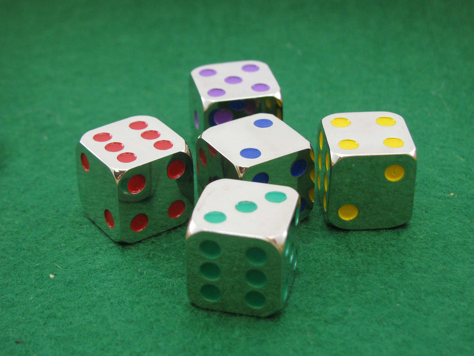Pack of 5 D6 15mm Metal Dice - Silver with Blue, Green, Purple, Red, and Yellow