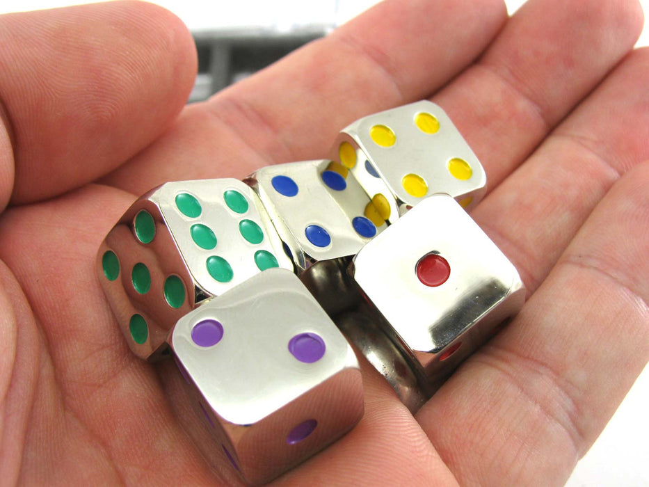 Pack of 5 D6 15mm Metal Dice - Silver with Blue, Green, Purple, Red, and Yellow