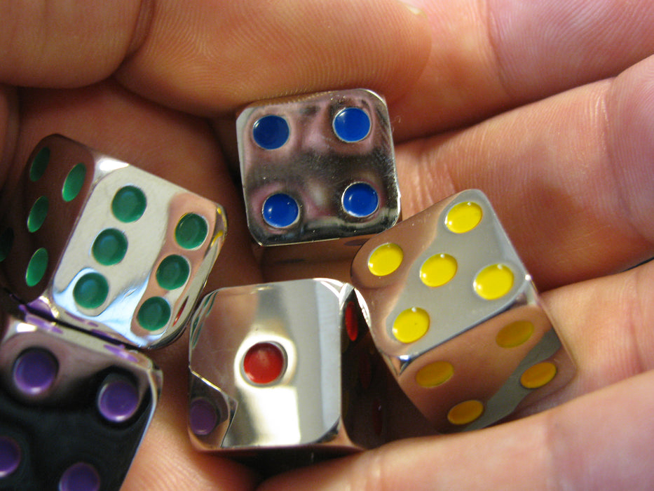 Pack of 5 D6 15mm Metal Dice - Silver with Blue, Green, Purple, Red, and Yellow