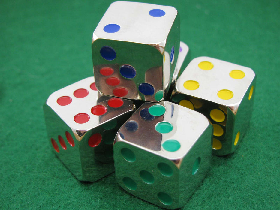Pack of 5 D6 15mm Metal Dice - Silver with Blue, Green, Purple, Red, and Yellow