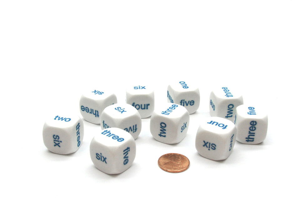 Pack of 10 20mm Math 1-6 Word Number Dice, English - White with Blue Words